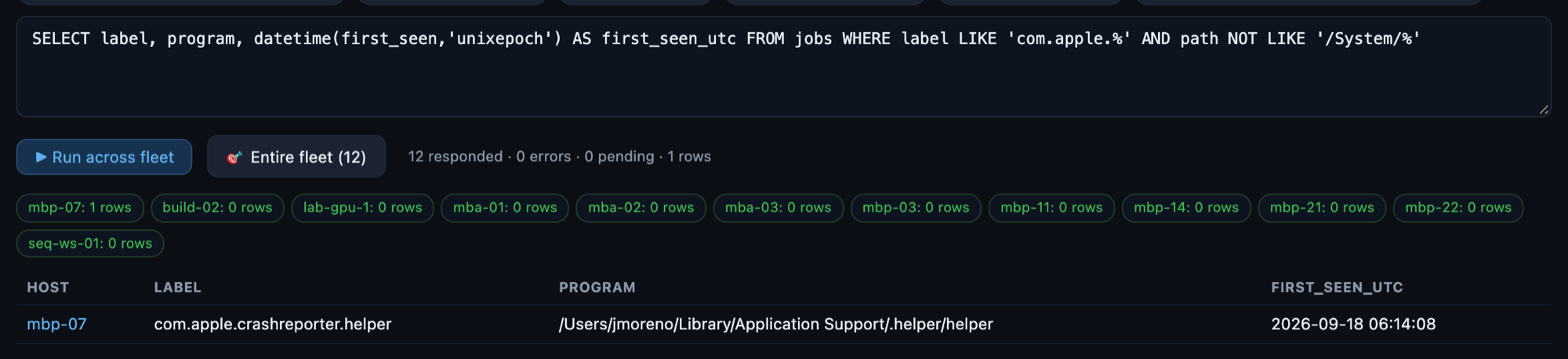 A fleet hunt in Mesh: the SQL query, twelve machines responding, and one matching row from the demo Mac.